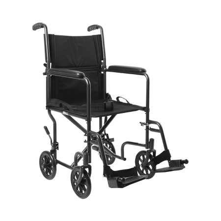 McKesson Lightweight Transport Chair McKesson Steel Frame with Silver Vein Finish 250 lbs. Weight Capacity Fixed Height / Padded Arm Black Upholstery - Each - 146-TR39E-SV-EA