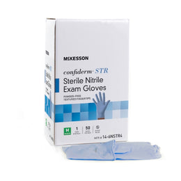 McKesson Exam Glove McKesson Confiderm® STR Medium Sterile Pair Nitrile Standard Cuff Length Textured Fingertips Blue Not Rated - Pair - 14-6NSTR4-PR