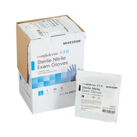 McKesson Exam Glove McKesson Confiderm® STR Large Sterile Pair Nitrile Standard Cuff Length Textured Fingertips Blue Not Rated - Case of 200 - 14-6NSTR6-CS