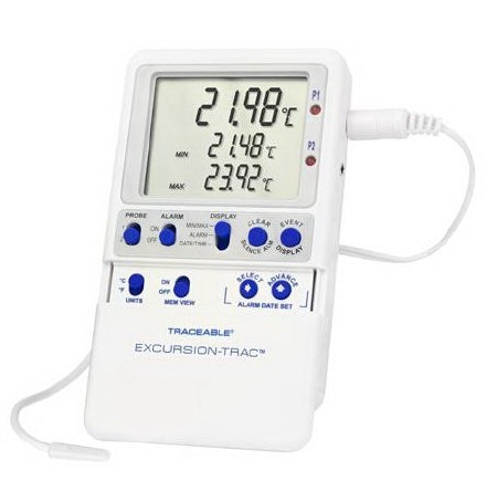 Cole-Parmer Inst. Datalogging Refrigerator / Freezer Thermometer with Alarm Traceable® Excursion-Trac™ Fahrenheit / Celsius -58Â° to +158Â°F (-50Â° to +70Â°C) Bullet Probe Multiple Mounting Options Battery Operated - Each - 94460-11-EA