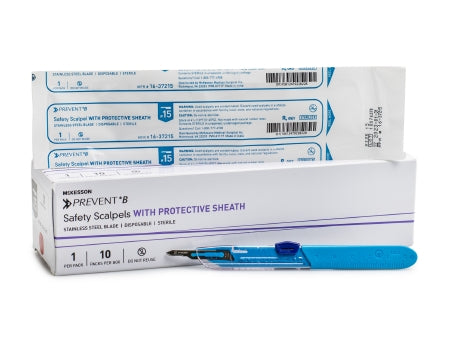 McKesson Safety Scalpel McKesson Prevent® B No. 15 Stainless Steel / Plastic Classic Grip Handle Sterile Disposable - Box of 10 - 16-37215-BX