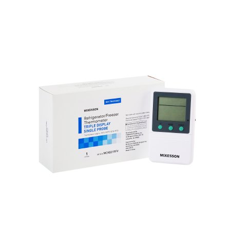 McKesson Digital Refrigerator / Freezer Thermometer with Alarm McKesson Fahrenheit / Celsius -58Â° to +158Â°F (-50Â° to +70Â°C) Glycol Bottle Probe Multiple Mounting Options Battery Operated - Each - MCK821RFV-EA
