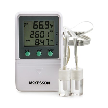 McKesson Digital Refrigerator / Freezer Thermometer with Alarm McKesson Fahrenheit / Celsius -58Â° to +158Â°F (-50Â° to +70Â°C) 2 Glycol Bottle Probes Multiple Mounting Options Battery Operated - Each - MCK821RFV2-EA