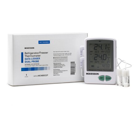 McKesson Datalogging Refrigerator / Freezer Thermometer with Alarm McKesson Fahrenheit / Celsius -58Â° to +158Â°F (-50Â° to +70Â°C) 2 Glycol Bottle Probes / Internal Sensor Flip-out Stand Battery Operated - Each - MCK80022P-EA