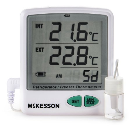 McKesson Datalogging Refrigerator / Freezer Thermometer with Alarm McKesson Fahrenheit / Celsius -50Â° to +158Â°F (-50Â° to +70Â°C) Flip-out Stand Battery Operated - Each - MCK80021P-EA