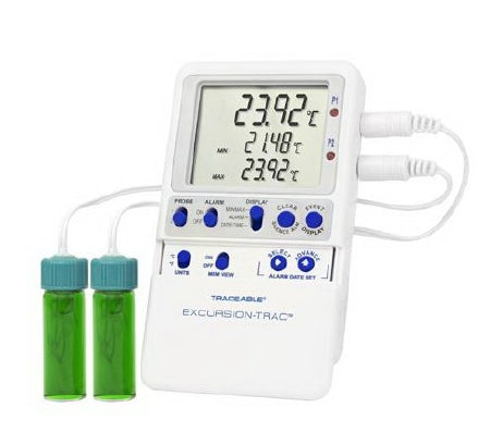 Cole-Parmer Inst. Datalogging Refrigerator / Freezer Thermometer with Alarm Traceable® Excursion-Trac™ Fahrenheit / Celsius -58° to +140°F (-50° to +60°C) 2 Vaccine Bottle Probes Multiple Mounting Options Battery Operated - Each - 98767-64-EA