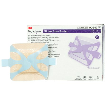 3M Foam Dressing 3M™ Tegaderm™ 2 X 2 Inch With Border Film Backing Silicone Adhesive Square Sterile - Box of 10 - 90643-BX