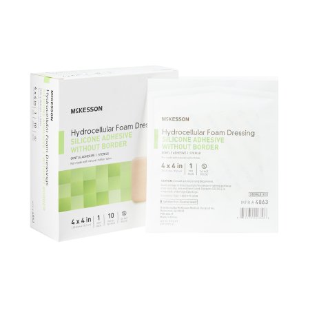 McKesson Foam Dressing McKesson 4 X 4 Inch Without Border Film Backing Silicone Gel Adhesive Square Sterile - Box of 10 - 4863-BX