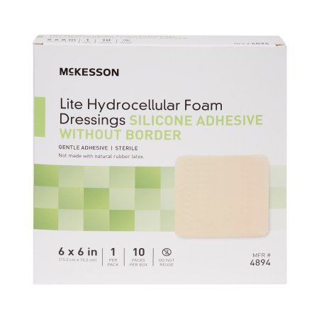 McKesson Thin Foam Dressing McKesson Lite 6 X 6 Inch Without Border Film Backing Silicone Gel Adhesive Square Sterile - Each - 4894-EA