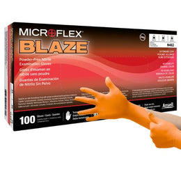 Microflex Medical Exam Glove MICROFLEX® Blaze® Medium NonSterile Nitrile Standard Cuff Length Textured Fingertips Orange Not Rated - Box of 100 - N482-BX