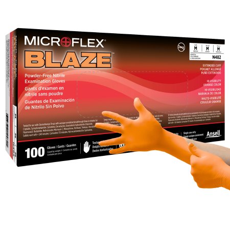 Microflex Medical Exam Glove MICROFLEX® Blaze® Medium NonSterile Nitrile Standard Cuff Length Textured Fingertips Orange Not Rated - Case of 1000 - N482-CS