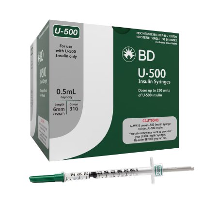 BD Standard Insulin Syringe with Needle Ultra-Fine™ 0.5 mL 15/64 Inch 31 Gauge NonSafety Regular Wall - Case of 500 - 326730-CS