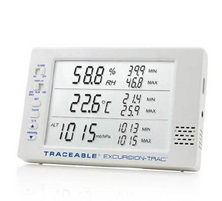 Cole-Parmer Inst. Hygrometer / Temperature Data Logger with Alarm Traceable® Excursion-Trac™ Fahrenheit / Celsius 0Â° to 65Â°C External Probe Battery Operated - Each - 98767-15-EA