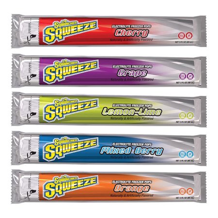 Kent Precision Foods Oral Electrolyte Solution Sqwincher® Squeeze Freezer Pop Cherry / Grape / Lemon-Lime / Mixed Berry / Orange Flavor 3 oz. Electrolyte - Bag of 10 - 159200201-BG