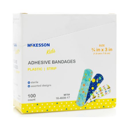 McKesson Adhesive Strip McKesson Kids™ 3/4 X 3 Inch Plastic Rectangle Kid Design (Assorted Prints) Sterile - Case of 2400 - 16-4838-17-CS