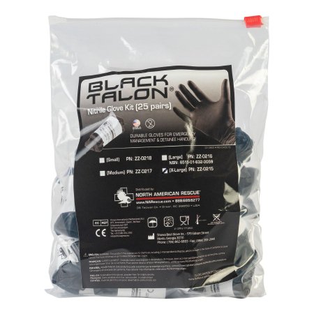 North American Rescue Exam Glove Black Talon® X-Large NonSterile Nitrile Extended Cuff Length Fully Textured Black Not Rated - Pack of 25 - ZZ-0215-PK