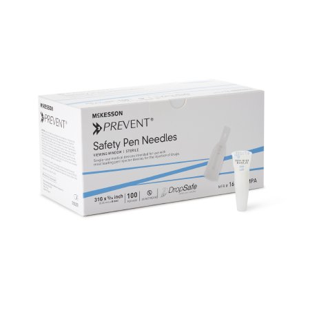 McKesson Safety Insulin Pen Needle McKesson Prevent® 31 Gauge 8 mm Length Automatic Safety Without Back-End Shield - Box of 100 - 16-N8MMPA-BX