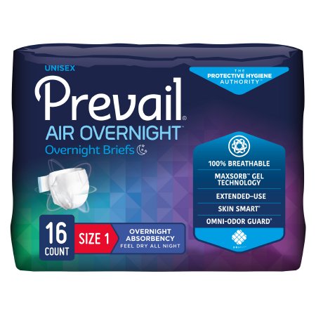 First Quality Unisex Adult Incontinence Brief Prevail Air™ Overnight Size 1 Disposable Heavy Absorbency - Case of 96 - NGX-012-CS