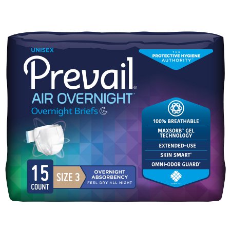 First Quality Unisex Adult Incontinence Brief Prevail Air™ Overnight Size 3 Disposable Heavy Absorbency - Bag of 15 - NGX-014-BG