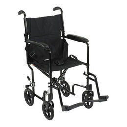 McKesson Lightweight Transport Chair McKesson Aluminum Frame with Black Finish 300 lbs. Weight Capacity Fixed Height / Padded Arm Black Upholstery - Each - 146-ATC19-BK-EA