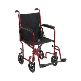 McKesson Lightweight Transport Chair McKesson Aluminum Frame with Red Finish 300 lbs. Weight Capacity Fixed Height / Padded Arm Black Upholstery - Each - 146-ATC19-RD-EA