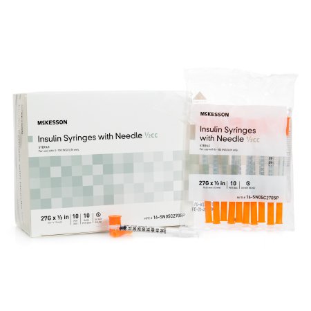 McKesson Standard Insulin Syringe with Needle McKesson 0.5 mL 1/2 Inch 27 Gauge NonSafety Ultra Thin Wall - Box of 10 - 16-SN05C2705P-BX