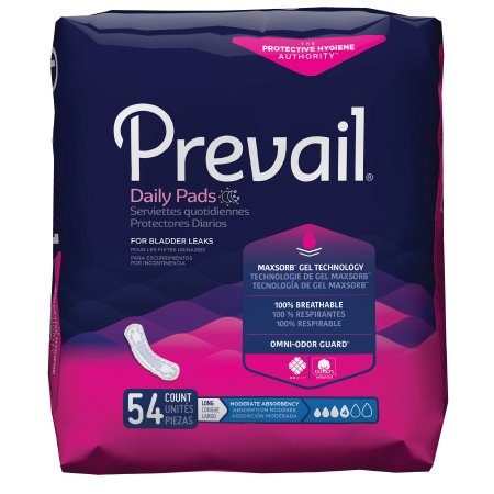First Quality Bladder Control Pad Prevail® Daily Pads 11 Inch Length Moderate Absorbency Polymer Core One Size Fits Most - Bag of 54 - PV-914/2-BG