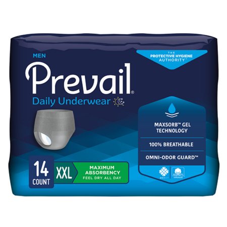 First Quality Male Adult Absorbent Underwear Prevail® Men's Daily Underwear Pull On with Tear Away Seams 2X-Large Disposable Heavy Absorbency - Bag of 14 - PUM-517-BG