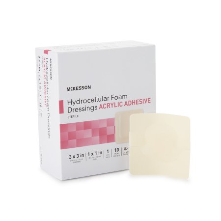 McKesson Foam Dressing McKesson 3 X 3 Inch With Border Film Backing Acrylic Adhesive Square Sterile - Box of 10 - 16-4670-BX