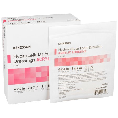 McKesson Foam Dressing McKesson 4 X 4 Inch With Border Film Backing Acrylic Adhesive Square Sterile - Box of 10 - 16-4671-BX
