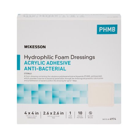 McKesson Antibacterial Foam Dressing McKesson 4 X 4 Inch With Border Waterproof Film Backing Acrylic Adhesive Square Sterile - Each - 4974-EA