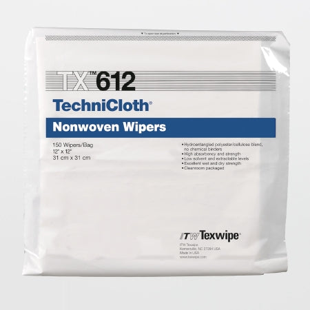 Texwipe Cleanroom Wipe TechniCloth® White NonSterile 45% Polyester / 55% Cellulose Nonwoven 12 X 12 Inch Disposable - Case of 1500 - TX612-CS
