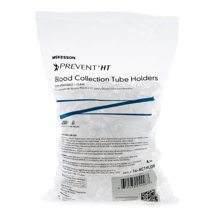 McKesson Blood Collection Tube Holder / Needle Holder McKesson Prevent® HT Universal Fit, Clear, Non-Stackable, Multi-Sample 13 mm and 16 mm Blood Collection Tubes - Bag of 250 - 16-BCTHLDR-BG