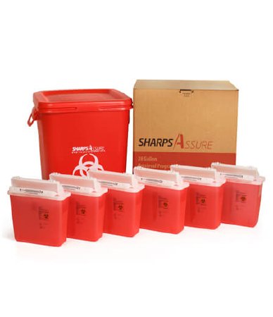 Post Medical Mailback Sharps Container Sharps Assure Translucent Red Base 18.9 L X 18.9 W X 22.9 H Inch / 12.25 L X 4-3/4 W X 10.5 H Inch Horizontal / Vertical Entry 1.35 Gallon - Each - SA28GU-5Q-EA