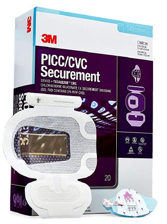 3M PICC/CVC Securement Device + Tegaderm™ with CHG IV Dressing 3M™ Tegaderm™ CHG (Chlorhexidine Gluconate) 4 X 6.125 Inch Sterile - Case of 80 - 1879-2100-CS