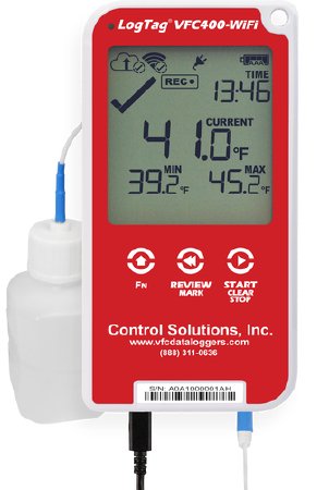 Control Solutions Inc Refrigerator / Freezer Vaccine Data Logger with Alarm Kit LogTag® VFC 400-WiFi Fahrenheit / Celsius -40° to 210°F (-40° to 99°C) Glycol Bottle Probe AC Adaptor / USB / Battery Backup - Each - VFC400-WIFI-EA