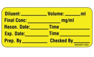 Precision Dynamics Drug Label MedVision® Anesthesia Label Diluent: _Volume:_mL Final Conc:_mg/Ml Yellow 1 X 2-1/4 Inch - Roll of 1 - MV04SY1553-RL