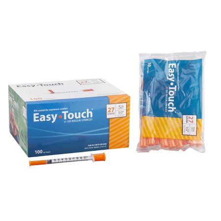 MHC Medical Standard Insulin Syringe with Needle EasyTouch™ 1 mL 1/2 Inch 27 Gauge NonSafety Thin Wall - Box of 100 - 827155-BX