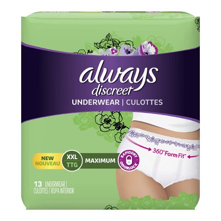 The Palm Tree Group Adult Absorbent Underwear Always® Discreet Pull On with Tear Away Seams 2X-Large Disposable - Pack of 13 - 10037000866487-PK