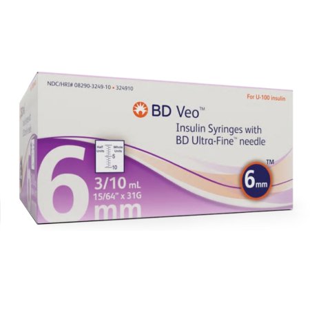 BD Standard Insulin Syringe with Needle Veo™ Ultra-Fine™ 0.3 mL 15/64 Inch 31 Gauge NonSafety Regular Wall - Case of 500 - 324910-CS