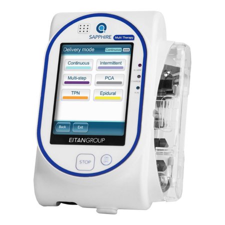 Eitan Group North America Ambulatory Infusion Pump Sapphire™ Multi-Therapy Rechargeable battery. 100-240 V 50-60 Hz, 0.6 A Magnetic NonWireless 1 to 9999 mL Volume Up to 20 mL / Hr. Flow Rate 3.2 Inch QVGA color Touchscreen - Each - 16365-EA