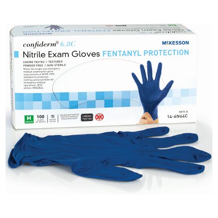 McKesson Exam Glove McKesson Confiderm® 6.8C Medium NonSterile Nitrile Standard Cuff Length Textured Fingertips Blue Chemo Tested / Fentanyl Tested - Case of 1000 - 14-6N64C-CS