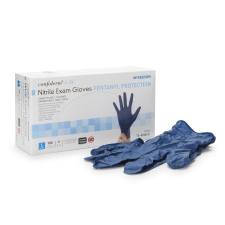 McKesson Exam Glove McKesson Confiderm® 6.8C Large NonSterile Nitrile Standard Cuff Length Textured Fingertips Blue Chemo Tested / Fentanyl Tested - Box of 100 - 14-6N66C-BX
