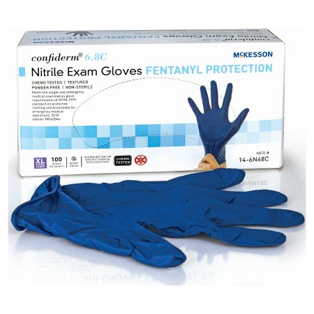 McKesson Exam Glove McKesson Confiderm® 6.8C X-Large NonSterile Nitrile Standard Cuff Length Textured Fingertips Blue Chemo Tested / Fentanyl Tested - Box of 100 - 14-6N68C-BX