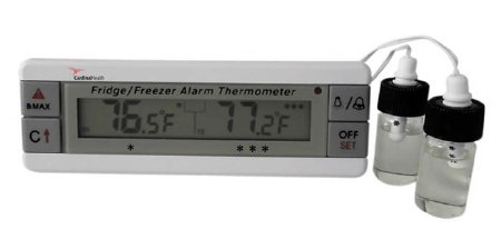 Cardinal Digital Refrigerator / Freezer Thermometer with Alarm Cardinal Health™ Fahrenheit / Celsius -40Â° to +158Â°F (-40Â° to +70Â°C) 2 Bottle Probes Flip-out Stand / Wall Mount Battery Operated - Each - CH2941-6-EA