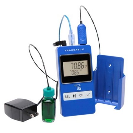 Cole-Parmer Inst. Refrigerator / Freezer Temperature Data Logger with Alarm Traceable® 6600 Fahrenheit / Celsius -58Â° to +140Â°F (-50Â° to +60Â°C) Glycol Bottle Probe Multiple Mounting Options AC Adaptor / Battery Backup - Each - 99460-01-EA