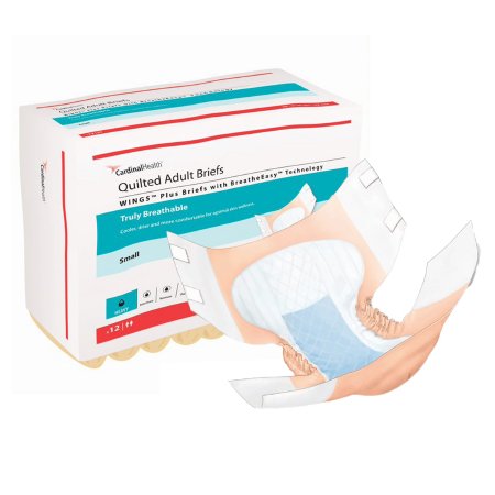 Cardinal Unisex Adult Incontinence Brief Wings™ Quilted Plus with BreatheEasy™ Technology Small Disposable Heavy Absorbency - Bag of 12 - 66132-BG
