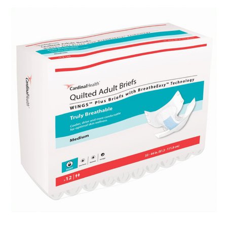 Cardinal Unisex Adult Incontinence Brief Wings™ Quilted Plus with BreatheEasy™ Technology Medium Disposable Heavy Absorbency - Case of 96 - 66133-CS