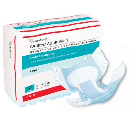Cardinal Unisex Adult Incontinence Brief Wings™ Quilted Plus with BreatheEasy™ Technology Large Disposable Heavy Absorbency - Bag of 18 - 66134-BG