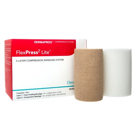 DermaRite Industries 2 Layer Compression Bandage System FlexPress2 Lite™ 4 Inch X 3-4/5 Yard / 4 Inch X 5-1/2 Yard Self-Adherent Closure Tan / White NonSterile Standard Compression - Box of 1 - 79200-BX